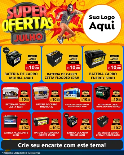 Modelo de Rede Social para Feed Instagram com o tema Super Ofertas Julho para Baterias Elétricas