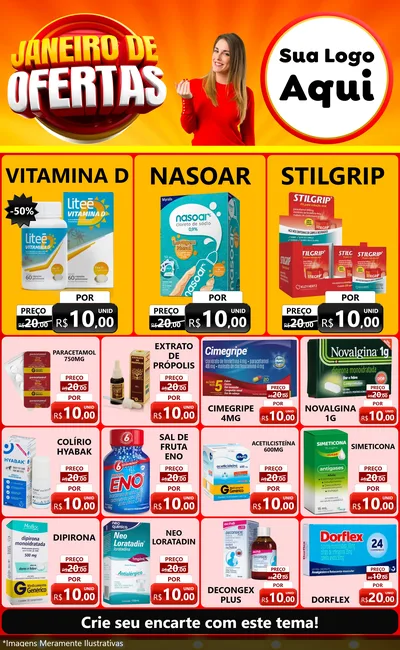 Modelo de Encarte para Encarte Grande com o tema Janeiro de Ofertas para Farmácia