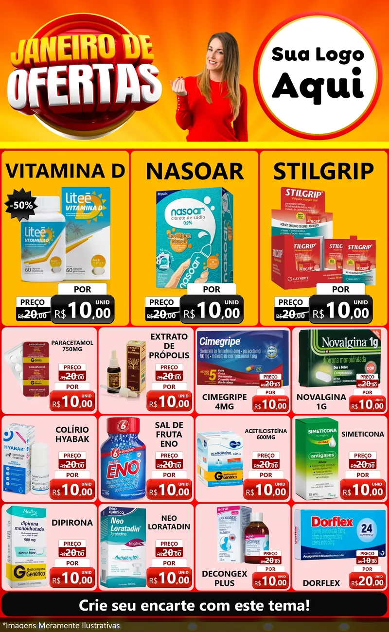 Modelo de Encarte para Encarte Grande com o tema Janeiro de Ofertas para Farmácia