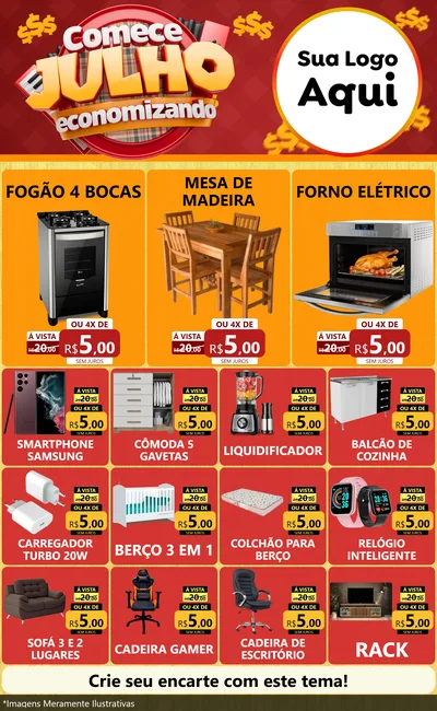 Modelo de Encarte para Encarte Grande com o tema Comece Julho Economizando para Móveis e Eletro