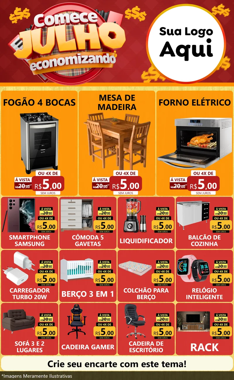 Modelo de Encarte para Encarte Grande com o tema Comece Julho Economizando para Móveis e Eletro