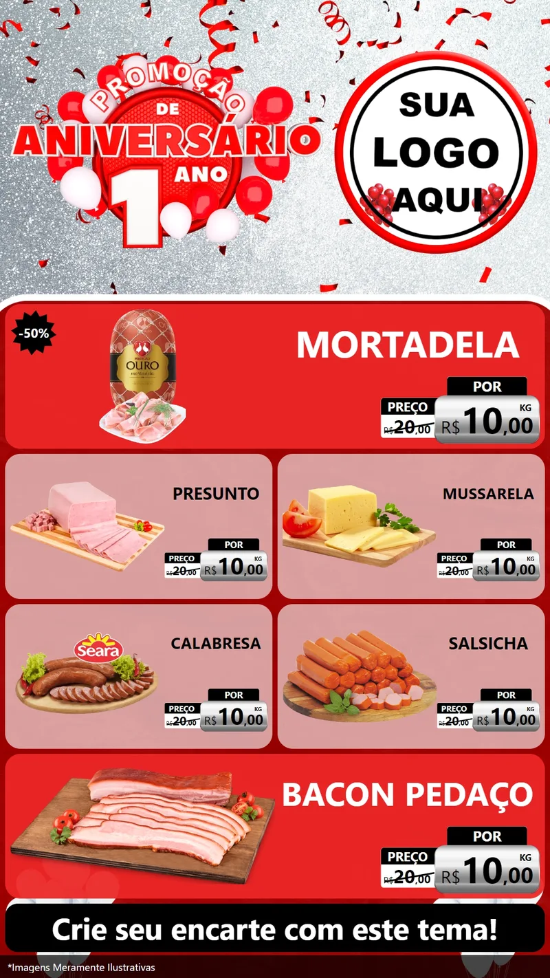 Modelo de TV para TV Vertical com o tema Promoção de Aniversário - 1 Ano para Frios e Laticínios