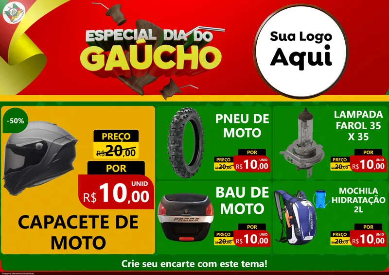 Modelo de Encarte para Encarte A4 Horizontal com o tema Especial Dia do Gaúcho para Moto peças