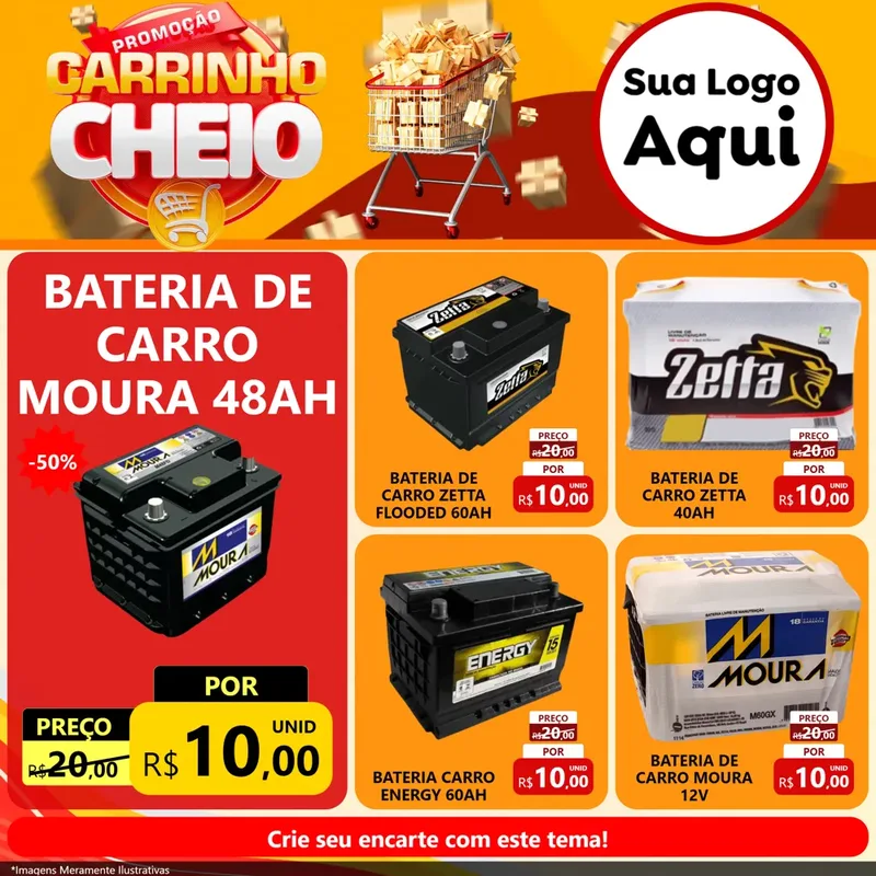 Modelo de Rede Social para Feed Facebook com o tema Promoção carrinho cheio para Baterias Elétricas