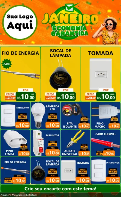 Modelo de Encarte para Encarte Grande com o tema Janeiro - Economia Garantida para Materiais Elétricos