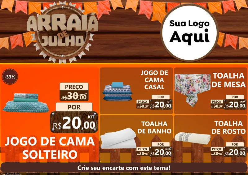 Modelo de Encarte para Encarte A4 Horizontal com o tema Arraiá de Julho - Junina para Cama, Mesa e Banho