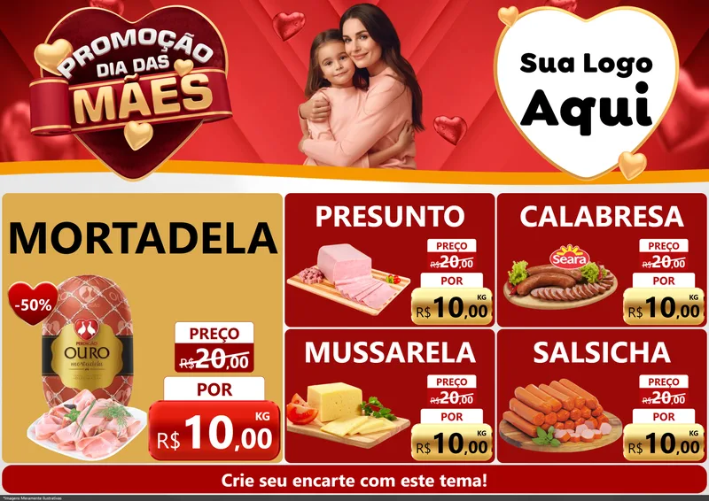Modelo de Encarte para Encarte A4 Horizontal com o tema Promoção Dia das Mães para Frios e Laticínios