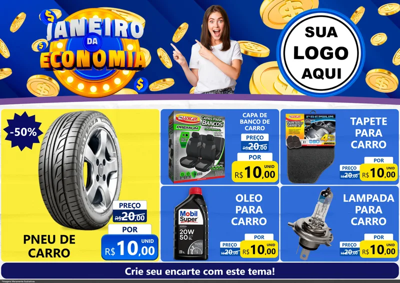 Modelo de Encarte para Encarte A4 Horizontal com o tema Janeiro da Economia para Auto peças