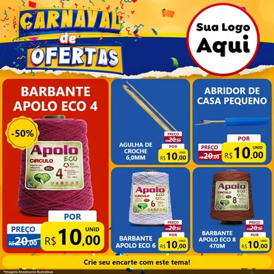 Modelo de Rede Social para Feed Facebook com o tema Carnaval de Ofertas para Armarinho e Aviamentos