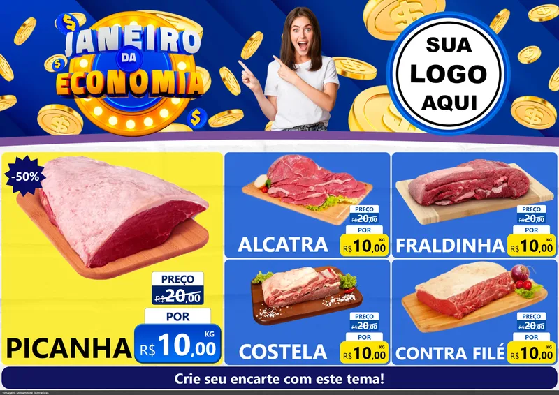 Modelo de Encarte para Encarte A4 Horizontal com o tema Janeiro da Economia para Açougue