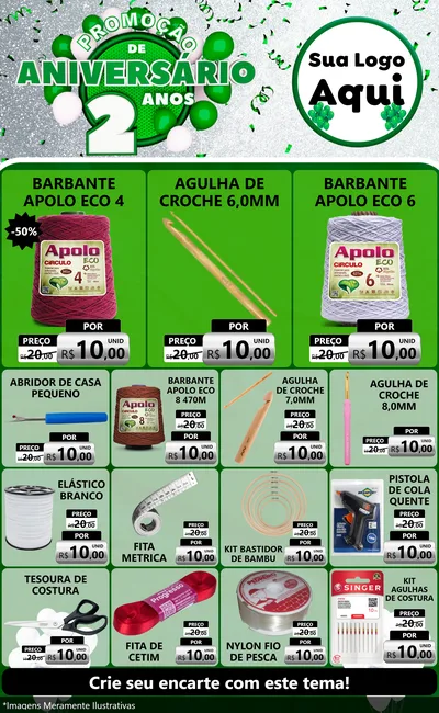 Modelo de Encarte para Encarte Grande com o tema Promoção de Aniversário - 2 Anos para Armarinho e Aviamentos
