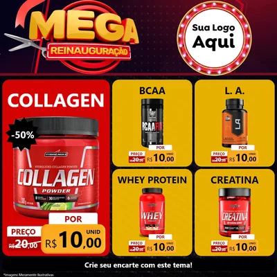 Modelo de Rede Social para Feed Facebook com o tema Mega Reinauguração para Suplementos alimentares
