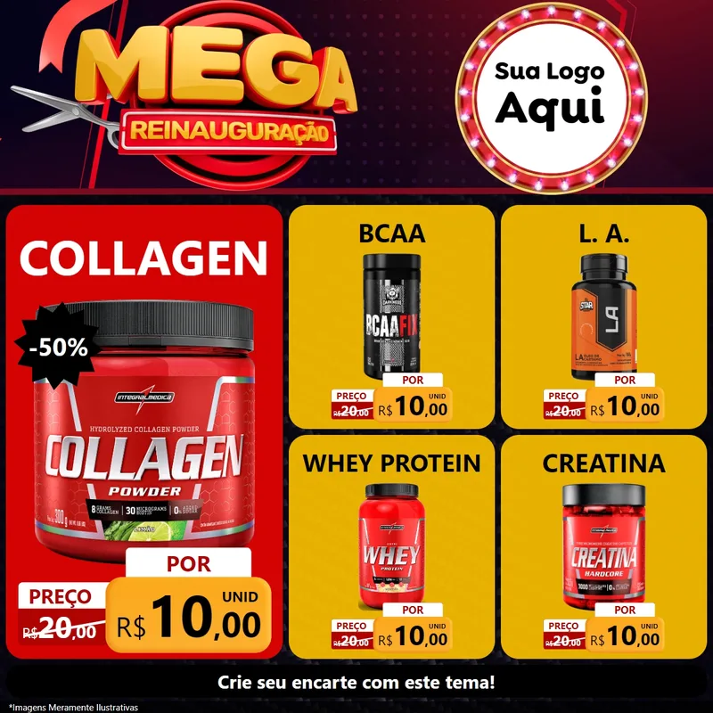 Modelo de Rede Social para Feed Facebook com o tema Mega Reinauguração para Suplementos alimentares