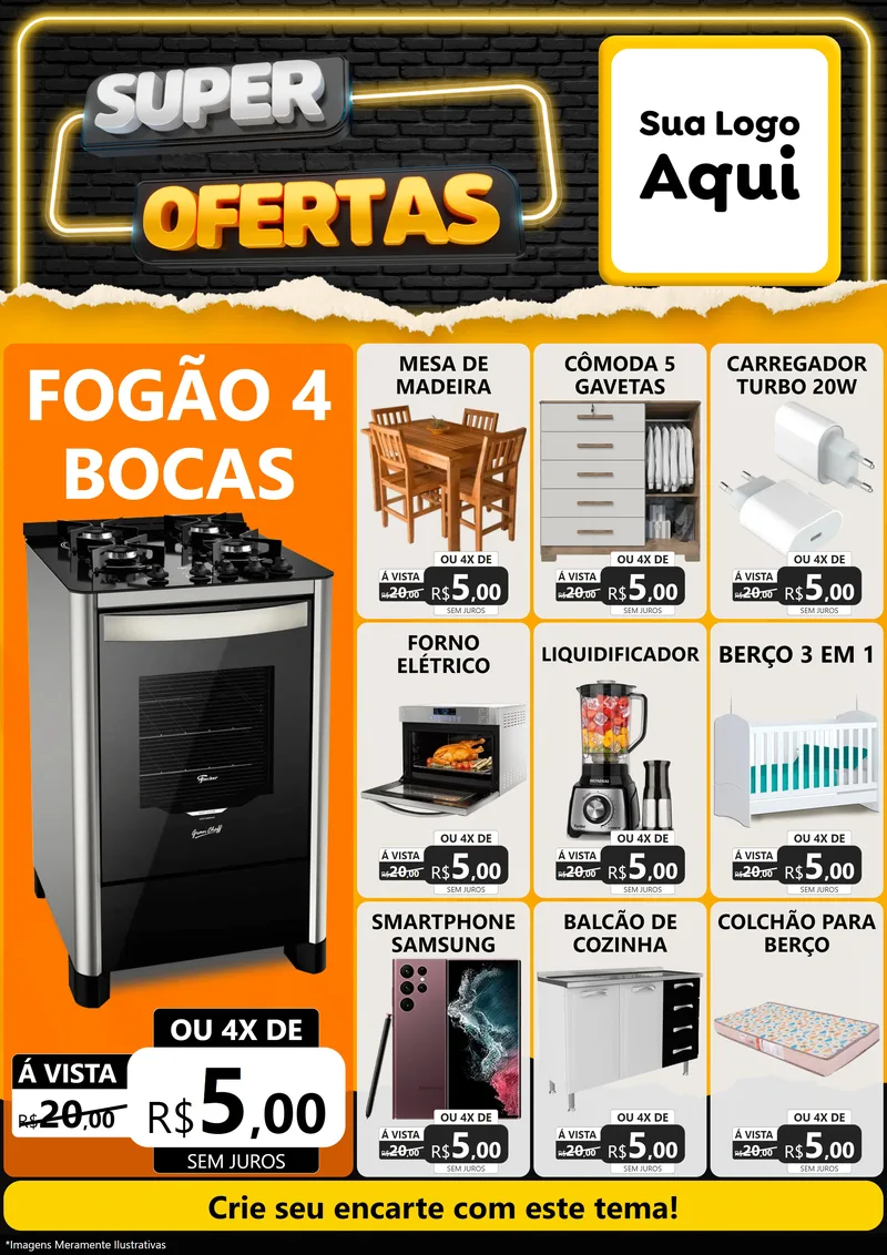 Modelo de Encarte para Encarte A4 Vertical com o tema Super Ofertas para Móveis e Eletro
