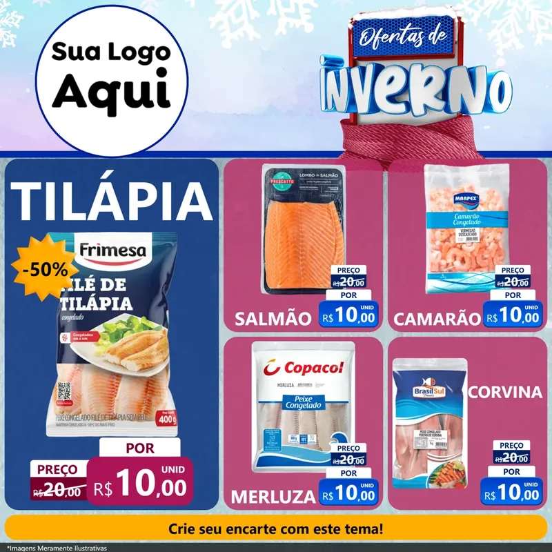 Modelo de Rede Social para Feed Facebook com o tema Ofertas de Inverno para Peixaria