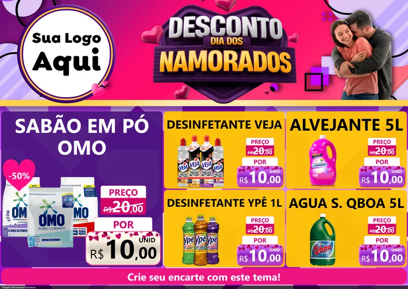 Modelo de Encarte para Encarte A4 Horizontal com o tema Desconto Dia dos Namorados para Produtos de Limpeza