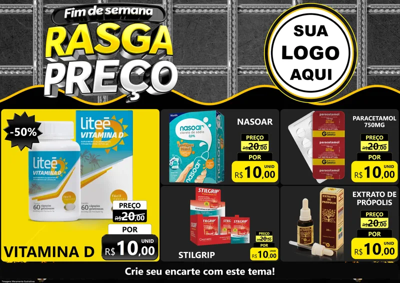 Modelo de Encarte para Encarte A4 Horizontal com o tema Fim de Semana Rasga Preço para Farmácia