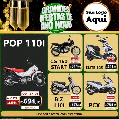 Modelo de Rede Social para Feed Facebook com o tema Grandes Ofertas de Ano Novo para Concessionaria de Motos