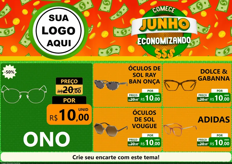 Modelo de Encarte para Encarte A4 Horizontal com o tema Comece Junho Economizando para Óticas