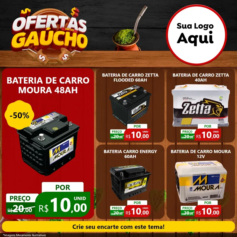 Modelo de Rede Social para Feed Facebook com o tema Ofertas Dia do Gaúcho para Baterias Elétricas