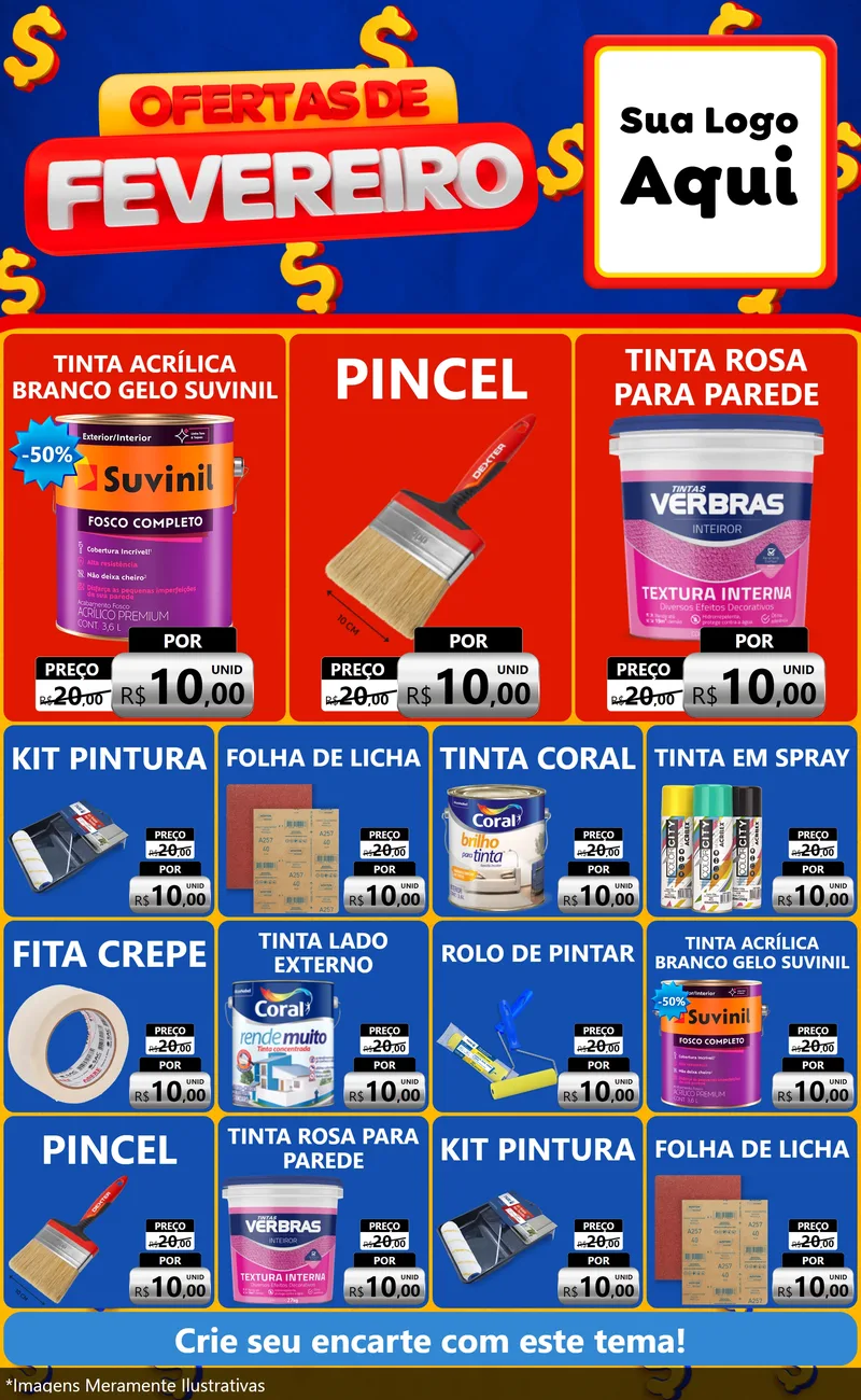 Modelo de Encarte para Encarte Grande com o tema Ofertas de Fevereiro para Tintas e Ferramentas