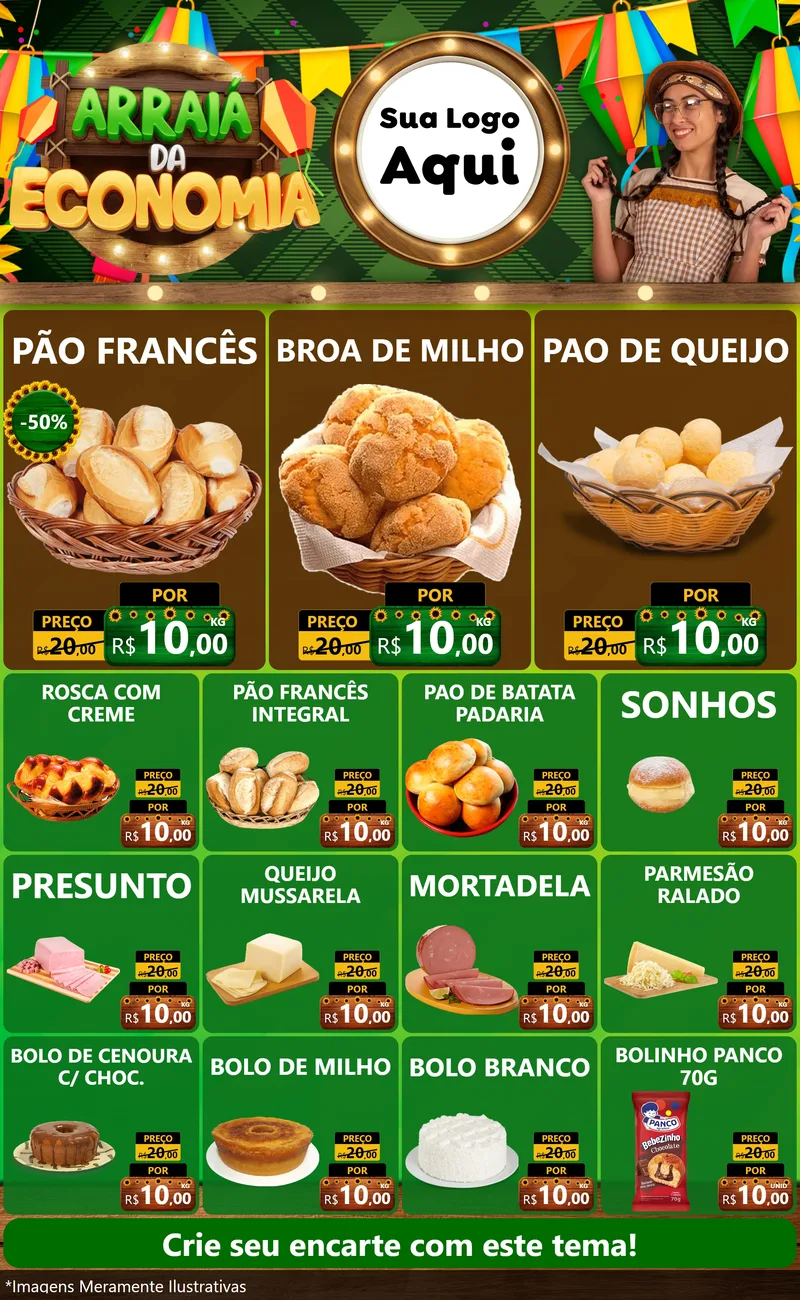 Modelo de Encarte para Encarte Grande com o tema Arraiá de Economia para Padaria