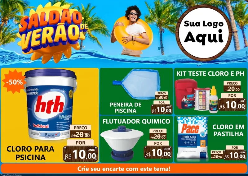 Modelo de Encarte para Encarte A4 Horizontal com o tema Saldão de Verão para Produtos para Piscina