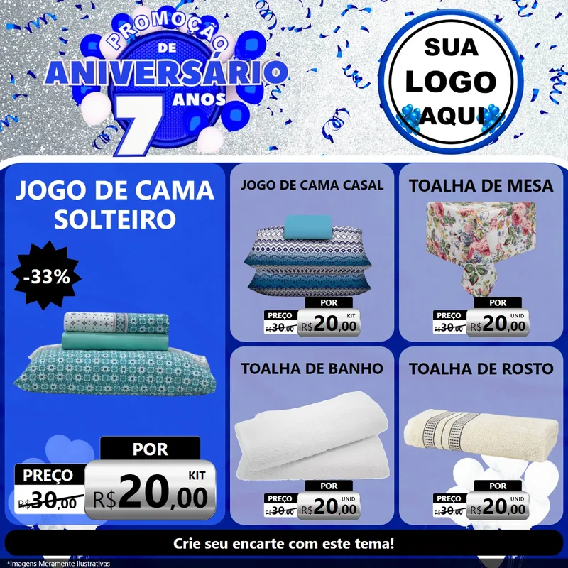 Modelo de Rede Social para Feed Facebook com o tema Promoção de Aniversário - 7 Anos para Cama, Mesa e Banho