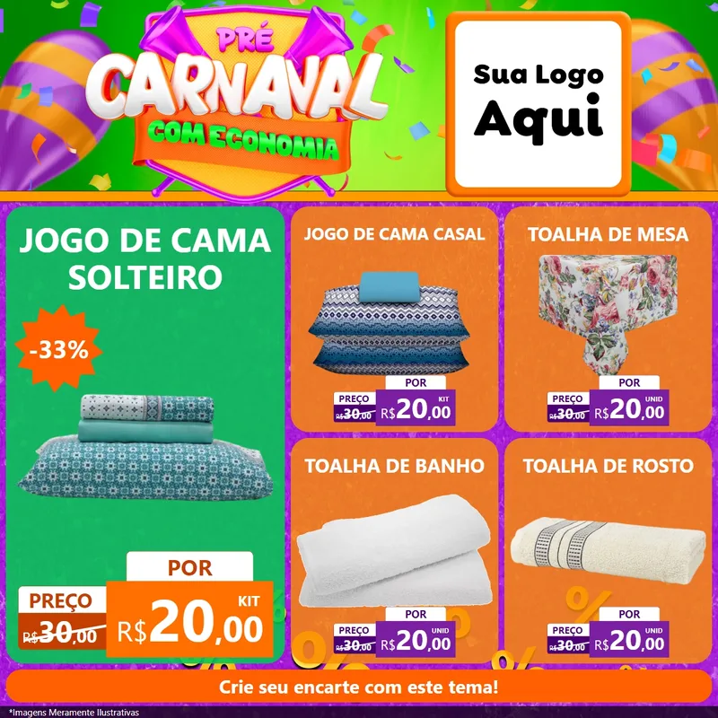 Modelo de Rede Social para Feed Facebook com o tema Pré-Carnaval Com Economia para Cama, Mesa e Banho