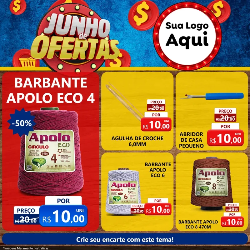 Modelo de Rede Social para Feed Facebook com o tema Junho de Ofertas para Armarinho e Aviamentos