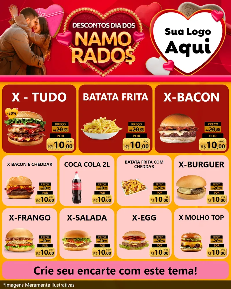 Modelo de Rede Social para Feed Instagram com o tema Descontos Dia dos Namorados para Hamburgueria