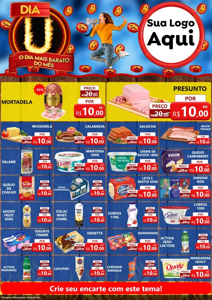 Modelo de Encarte para Encarte A4 Vertical com o tema Dia U - O Dia Mais Barato Do Mês para Frios e Laticínios