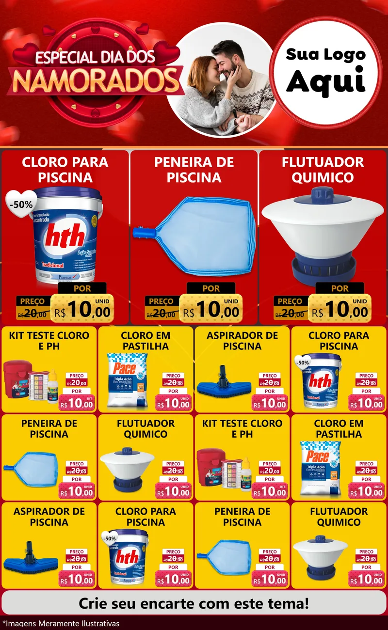 Modelo de Encarte para Encarte Grande com o tema Especial Dia Dos Namorados para Produtos para Piscina