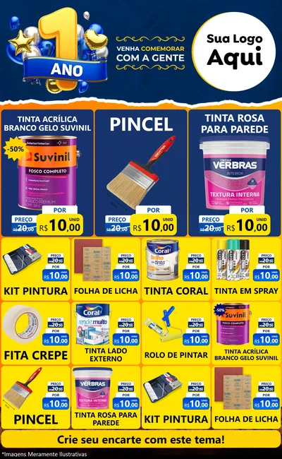 Modelo de Encarte para Encarte Grande com o tema Um Ano de Aniversário para Tintas e Ferramentas