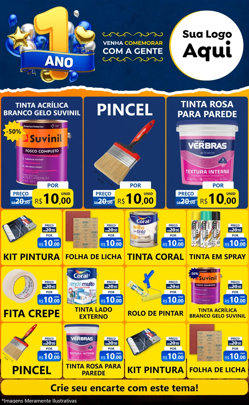 Modelo de Encarte para Encarte Grande com o tema Um Ano de Aniversário para Tintas e Ferramentas