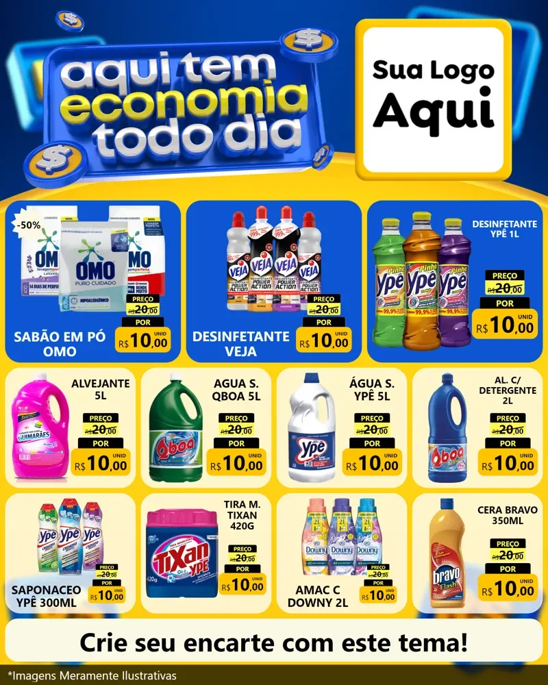 Modelo de Rede Social para Feed Instagram com o tema Aqui Tem Economia Todo Dia para Produtos de Limpeza