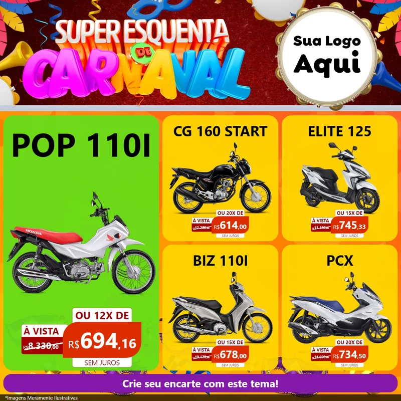 Modelo de Rede Social para Feed Facebook com o tema Super Esquenta de Carnaval para Concessionaria de Motos