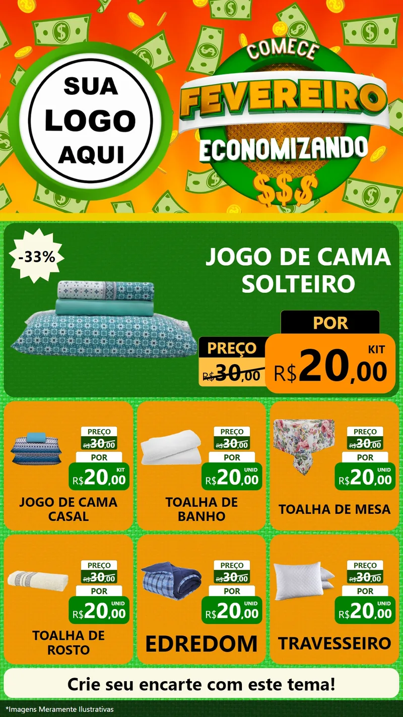Modelo de Rede Social para Stories com o tema Comece Fevereiro Economizando para Cama, Mesa e Banho
