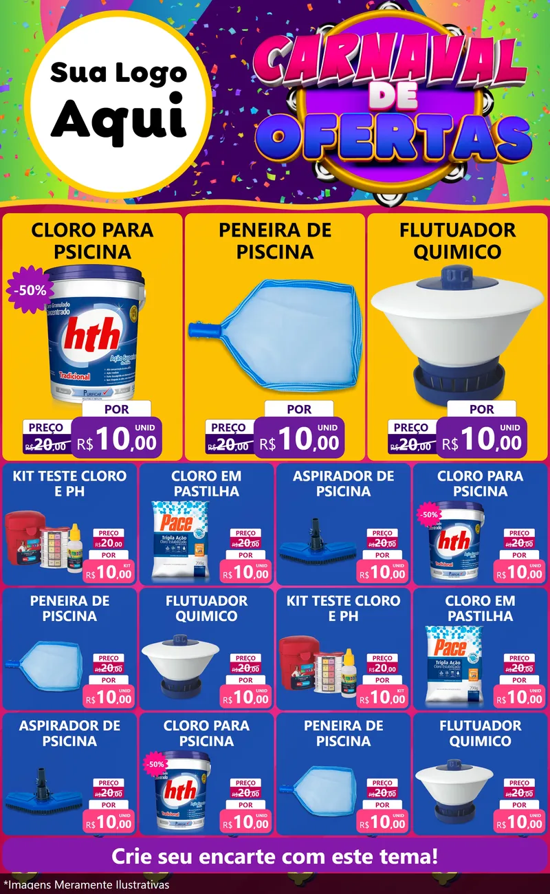 Modelo de Encarte para Encarte Grande com o tema Carnaval de Ofertas para Produtos para Piscina