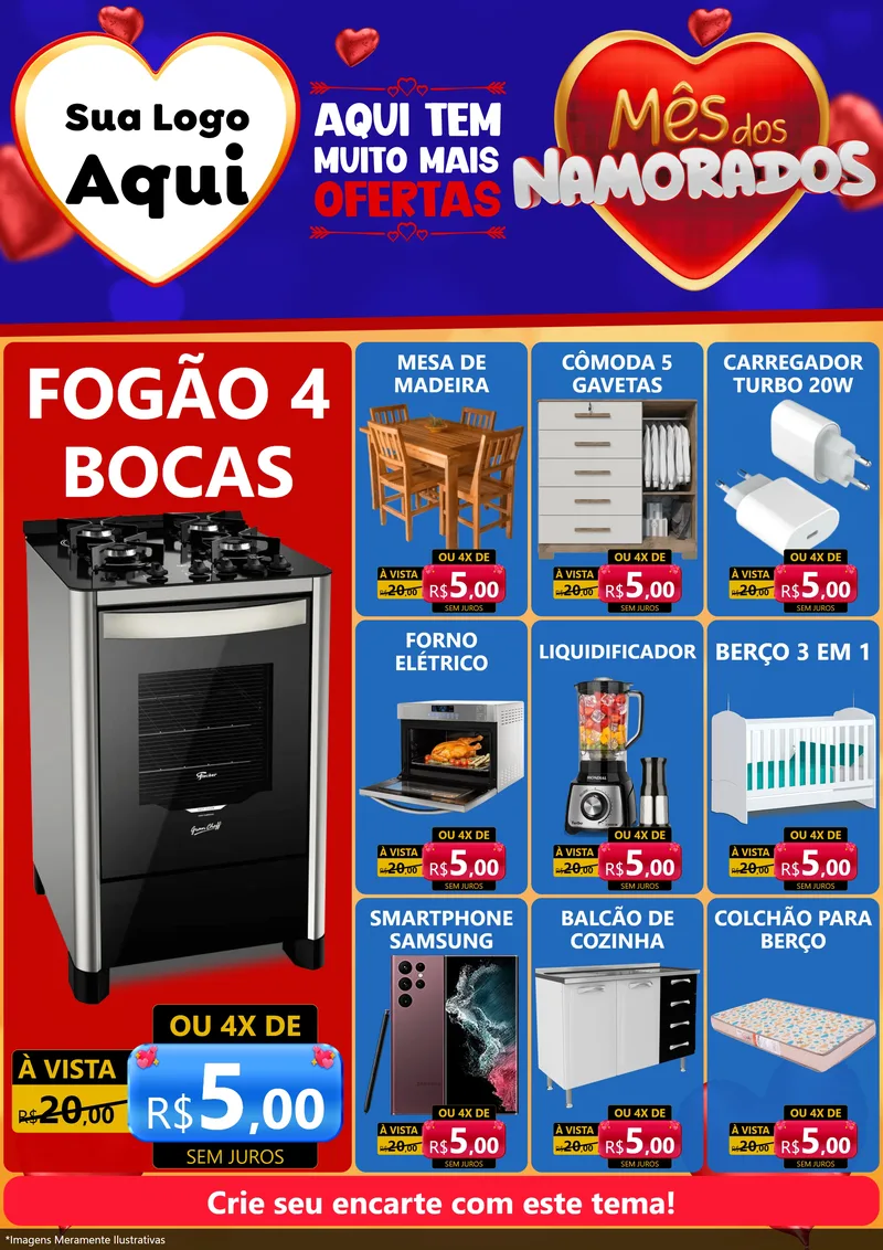 Modelo de Encarte para Encarte A4 Vertical com o tema Mês dos Namorados para Móveis e Eletro