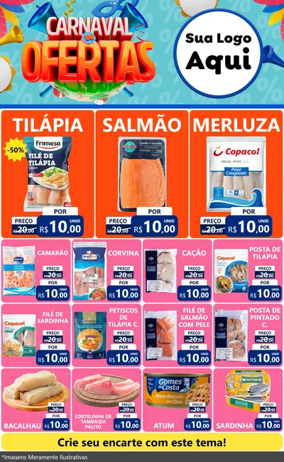 Modelo de Encarte para Encarte Grande com o tema Carnaval de Ofertas para Peixaria