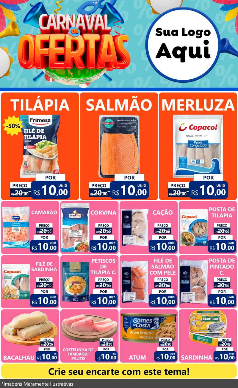 Modelo de Encarte para Encarte Grande com o tema Carnaval de Ofertas para Peixaria