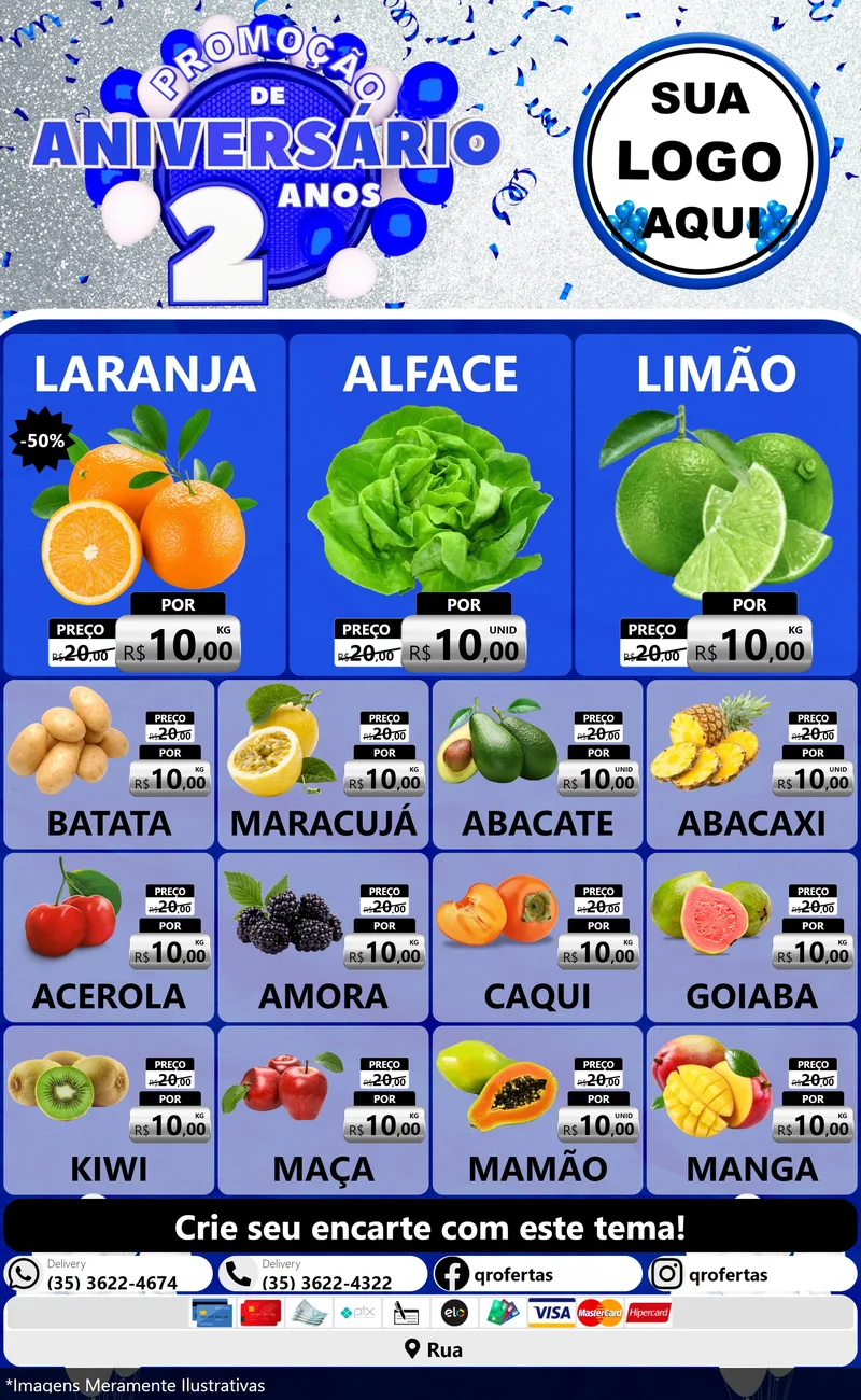 Modelo de Encarte para Encarte Grande com o tema Promoção de Aniversário - 2 Anos para Hortifrúti