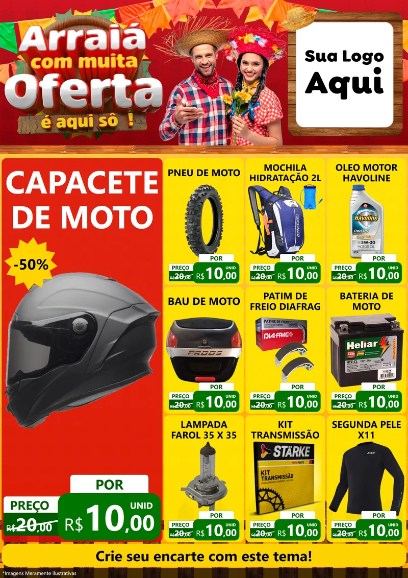 Modelo de Encarte para Encarte A4 Vertical com o tema Arraiá Com Muita Oferta - É Aqui Sô! para Moto peças
