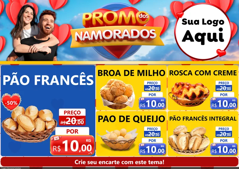 Modelo de Encarte para Encarte A4 Horizontal com o tema Promo dos Namorados para Padaria