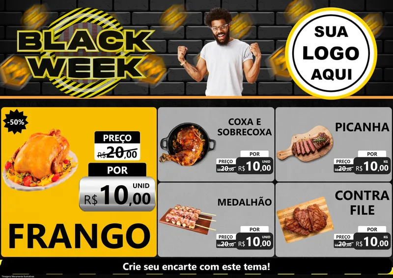 Modelo de Encarte para Encarte A4 Horizontal com o tema Black Week para Assados