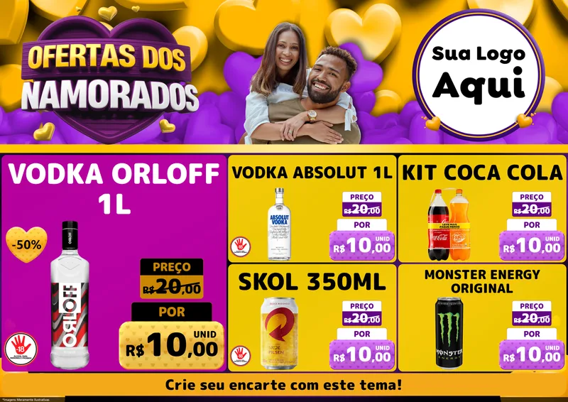 Modelo de Encarte para Encarte A4 Horizontal com o tema Oferta Dos Namorados para Distribuidora de bebidas
