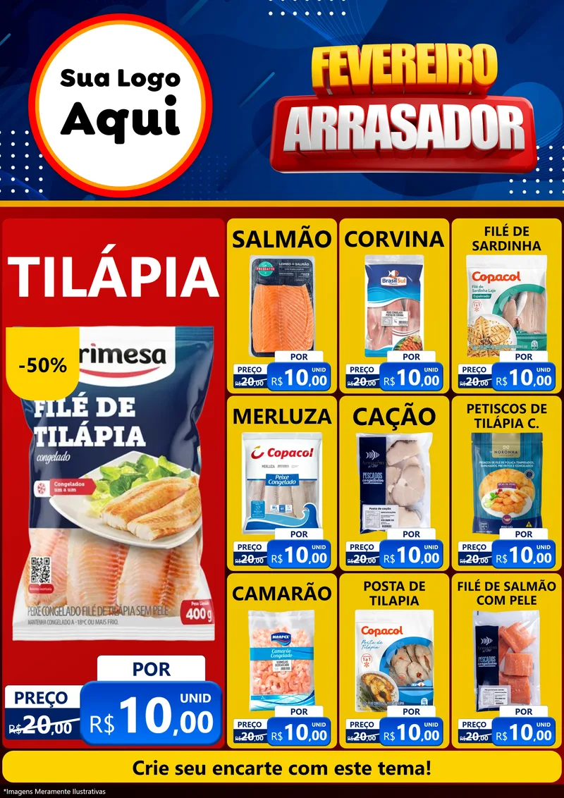 Modelo de Encarte para Encarte A4 Vertical com o tema Fevereiro Arrasador para Peixaria
