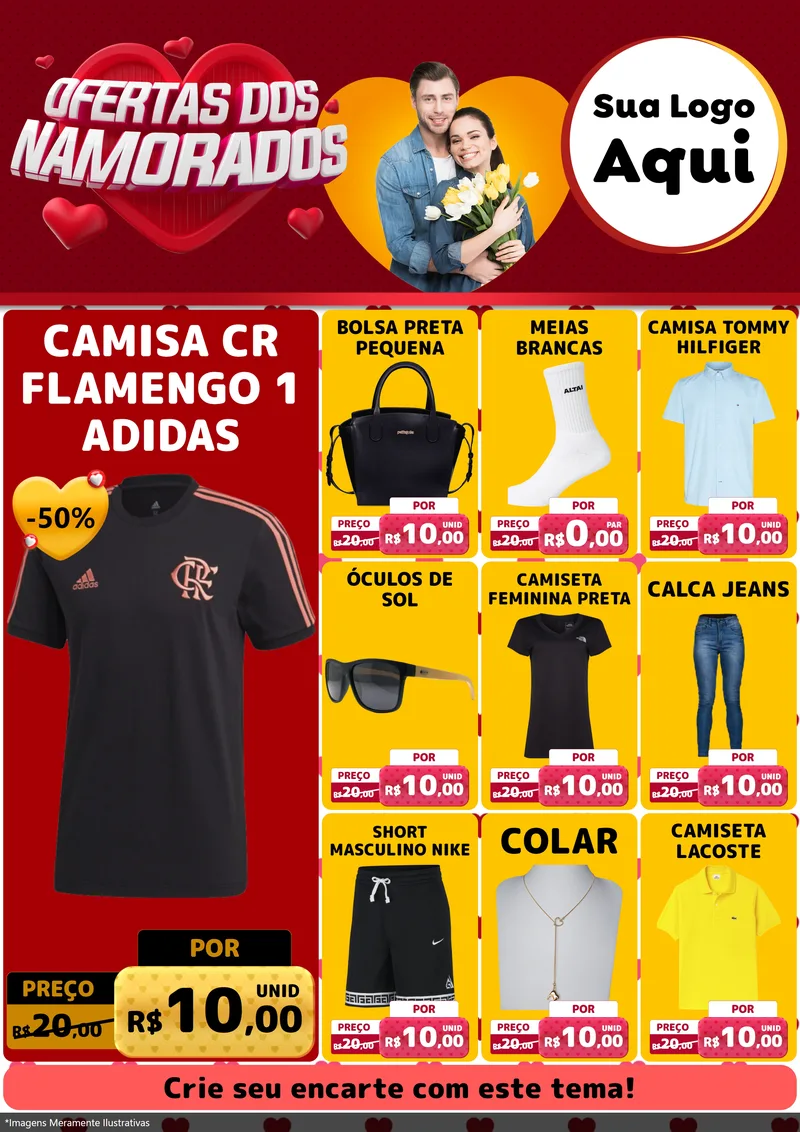 Modelo de Encarte para Encarte A4 Vertical com o tema Ofertas Dos Namorados para Roupas e acessórios