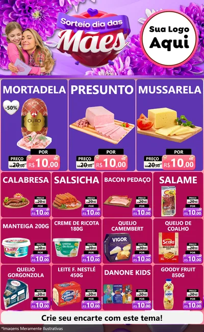 Modelo de Encarte para Encarte Grande com o tema Sorteio Dia das Mães para Frios e Laticínios